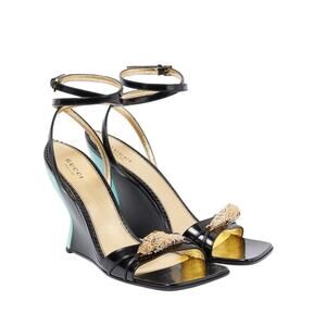 Gucci 37.5 US 7.5 Two-Toned Dora Embellished Wedge Black Sandals NIB $1,250
